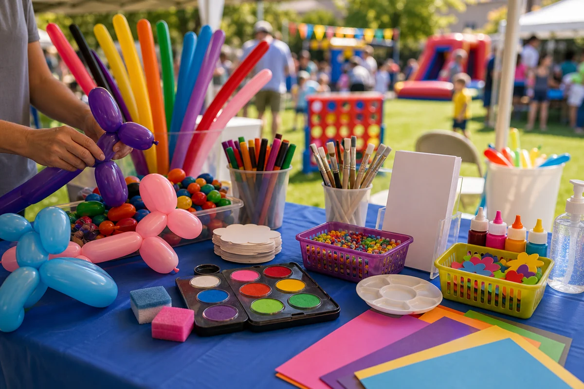 From a host’s point of view, community event craft station detail with balloons, face paint supplies, markers, beads, and blank craft cards