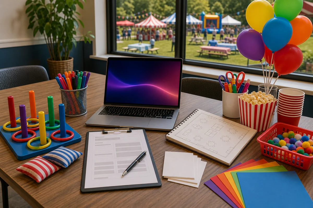 In practical terms, community event rental quote checklist with carnival games, craft supplies, concessions, balloons, and layout planning materials