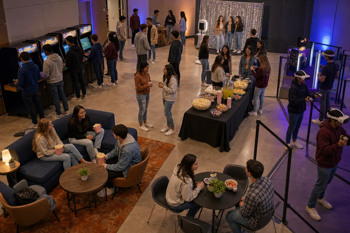 In practical terms, college event rental layout with arcade, VR, photo booth, snack station, lounge seating, and walkways