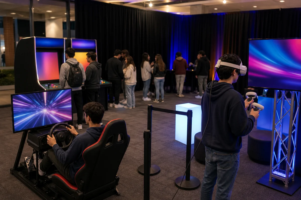 From a host’s point of view, college event arcade and VR rental feature with racing simulator and game stations