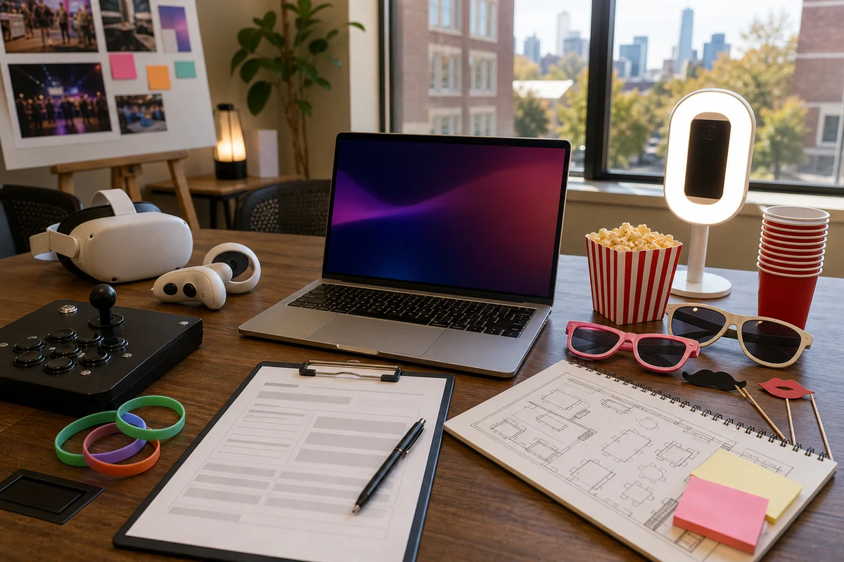 From a host’s point of view, college event rental quote checklist with arcade, VR, photo booth, snack, and campus planning materials