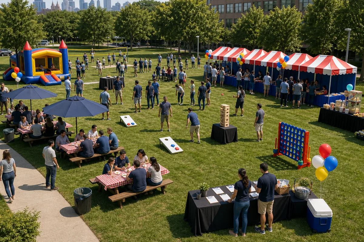 From a host’s point of view, company picnic rental layout with field games, carnival booths, concessions, and seating