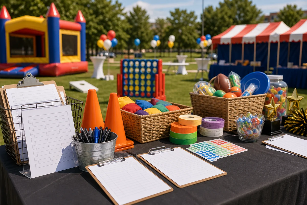 For event planning, company picnic scorecards, cones, game props, and prize station planning detail