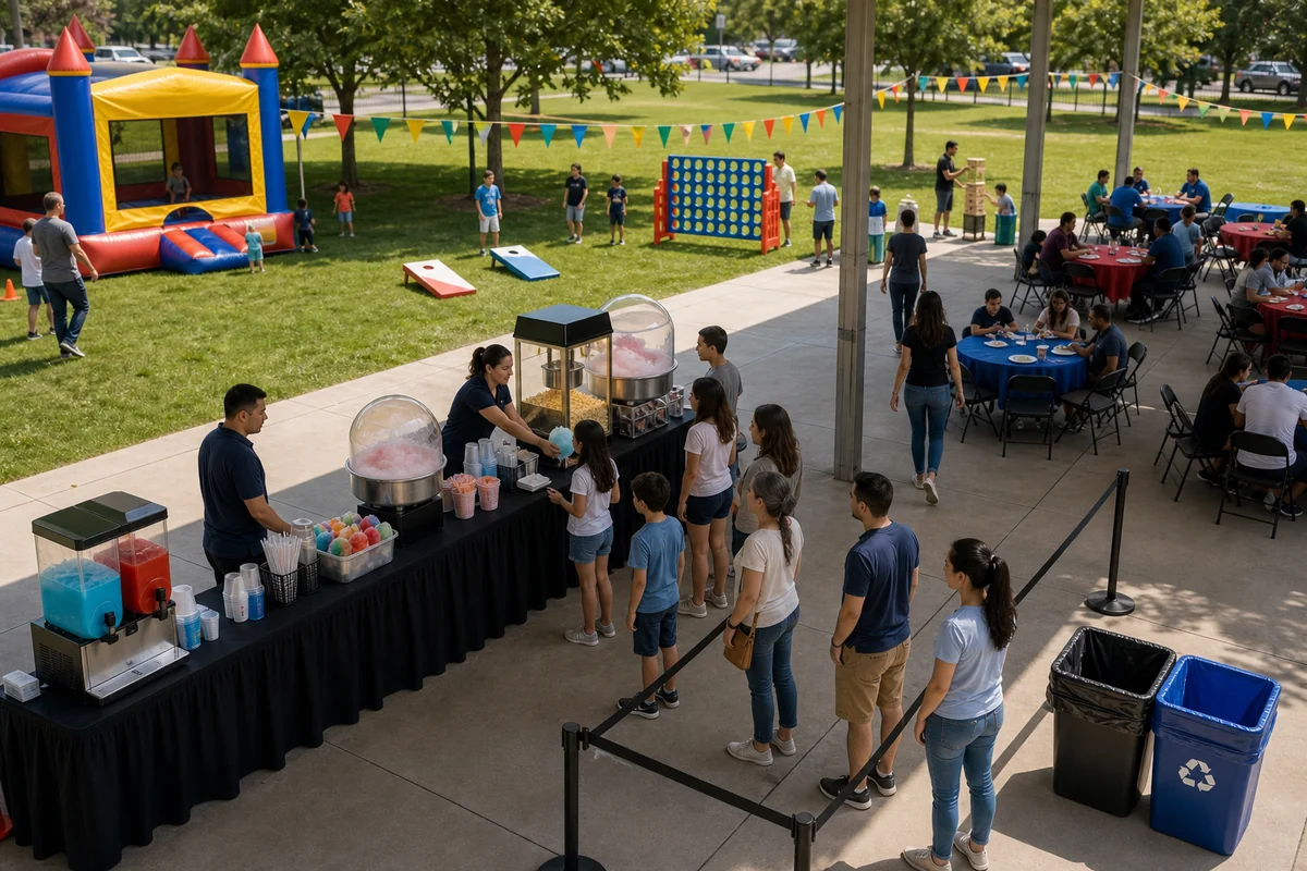 In practical terms, concession machine rental layout with queue area, seating, games, and walking lanes