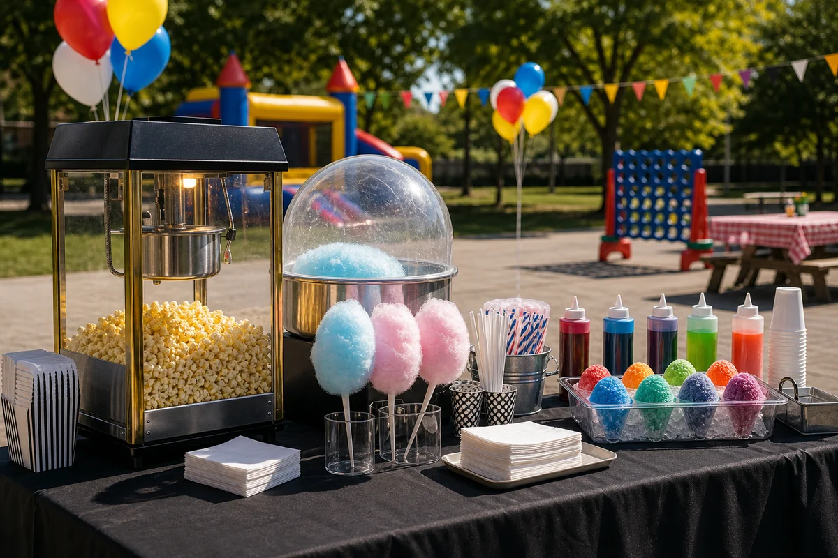 From a host’s point of view, popcorn, cotton candy, and snow cone concession machine rental station