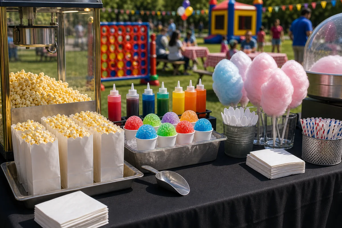 For event planning, concession machine serving supplies with popcorn bags, snow cone cups, cotton candy cones, and napkins