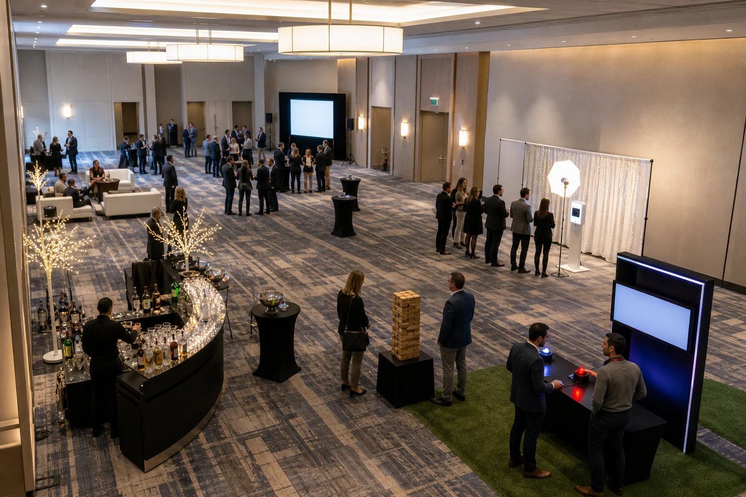 In practical terms, conference venue layout with reception, breakout, photo booth, activity zones, and walking paths