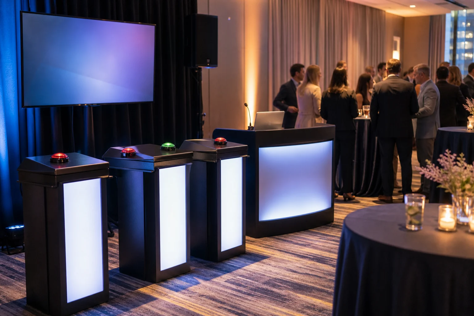 For event planning, conference game show station with podiums, buzzers, uplighting, and guests in a reception setting