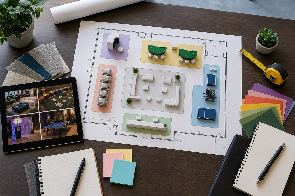 From a host’s point of view, corporate event entertainment layout planning with photo booth and game zones