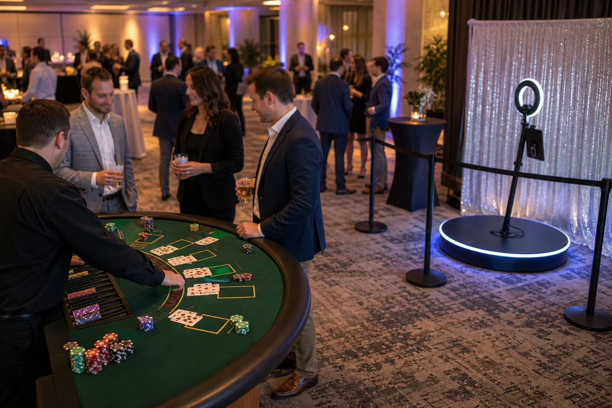 From a host’s point of view, corporate event casino game table and 360 photo booth setup