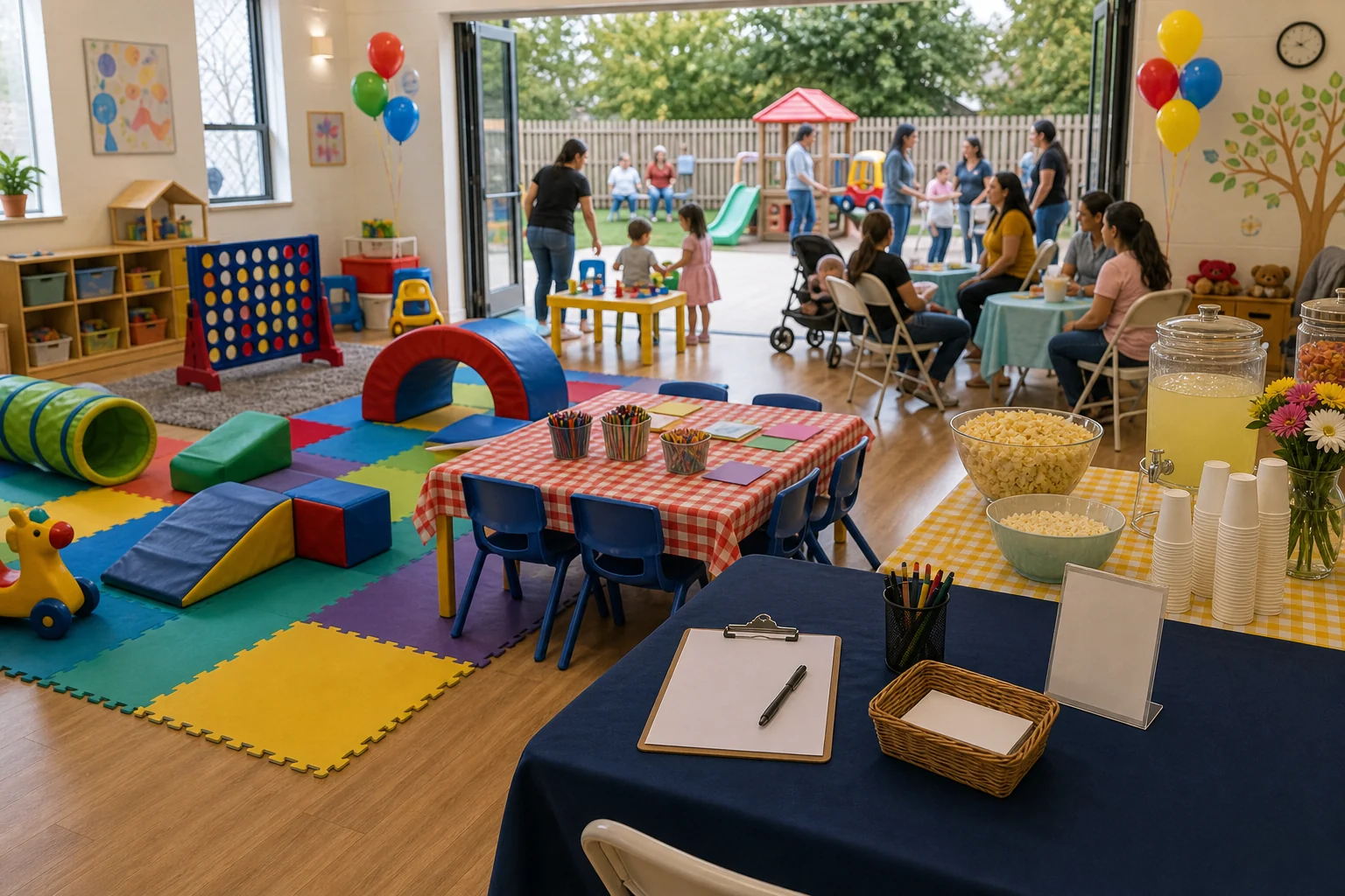 From a host’s point of view, daycare and preschool event layout with gentle play, crafts, snacks, parent seating, check-in, and clear walking lanes