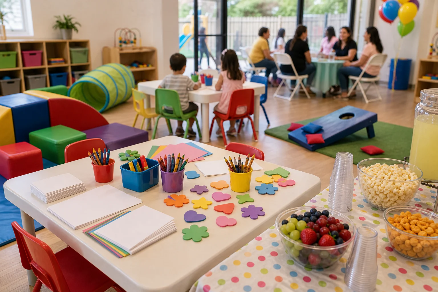 For event planning, preschool craft and toddler-friendly game station with blank craft sheets, soft blocks, snack cups, and parent seating
