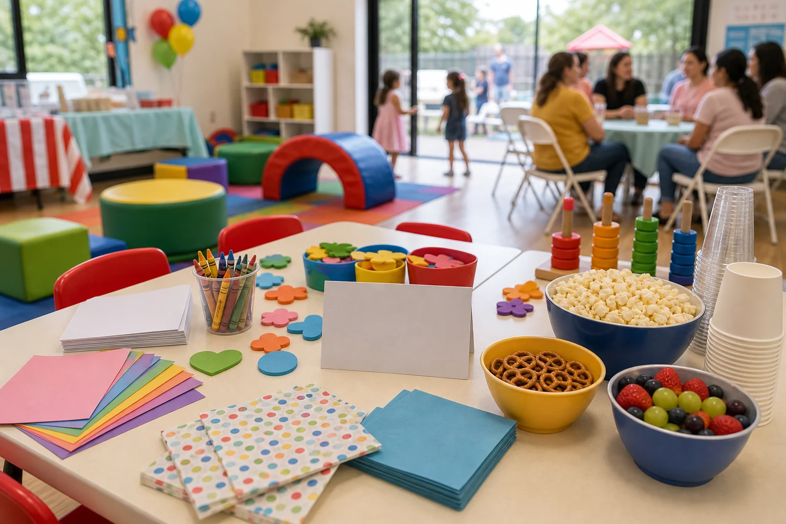 In practical terms, daycare event craft and snack materials with blank craft sheets, crayons, foam shapes, cups, napkins, and low game pieces