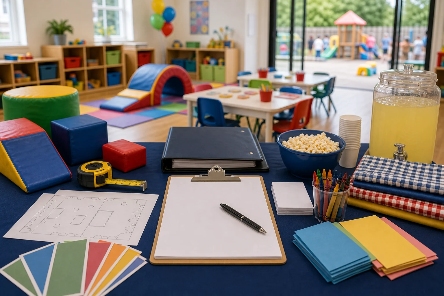 For event planning, daycare and preschool event quote planning materials with blank checklist, room sketch, swatches, soft play pieces, crayons, folder, and pen
