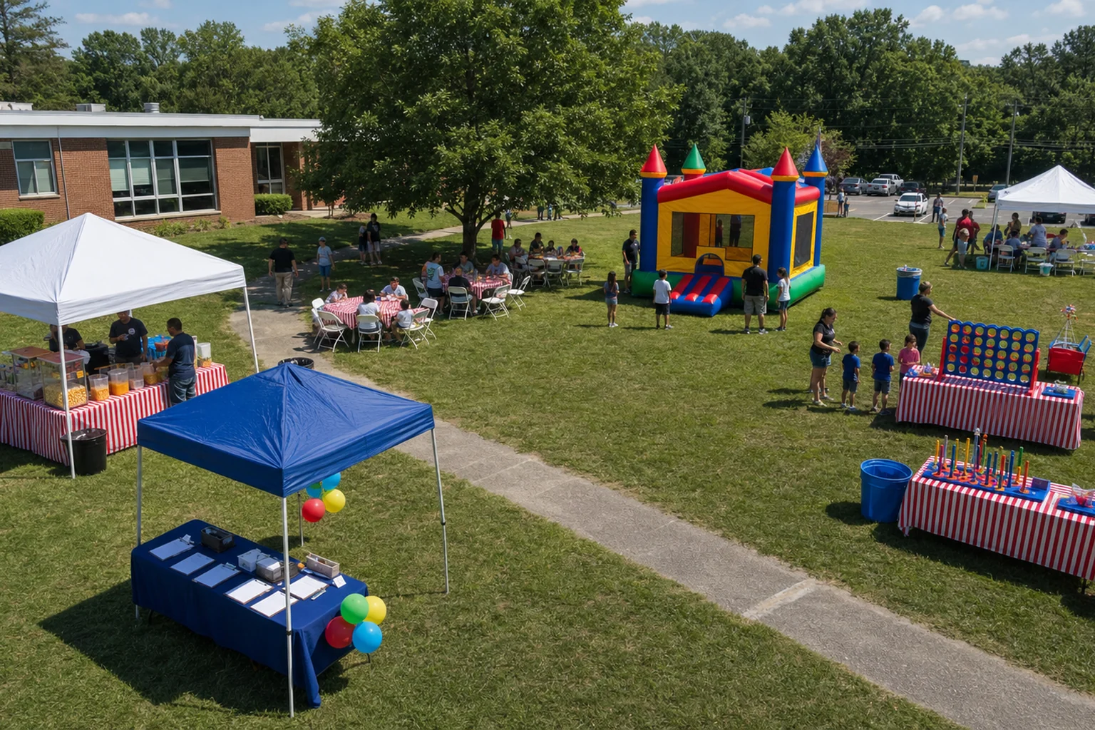 In practical terms, delaware County backyard school or company picnic layout with bounce house, carnival games, concession tent, picnic seating, check-in table, and open paths