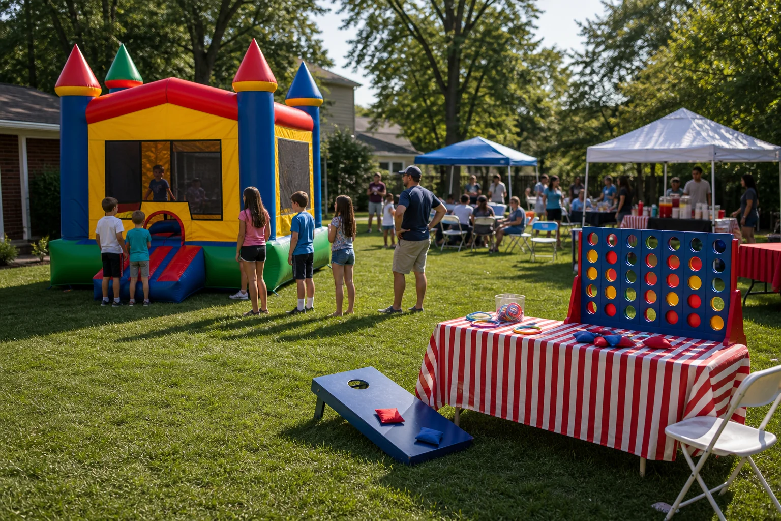 From a host’s point of view, delaware County bounce house and carnival game feature with picnic seating, queue area, and suburban lawn
