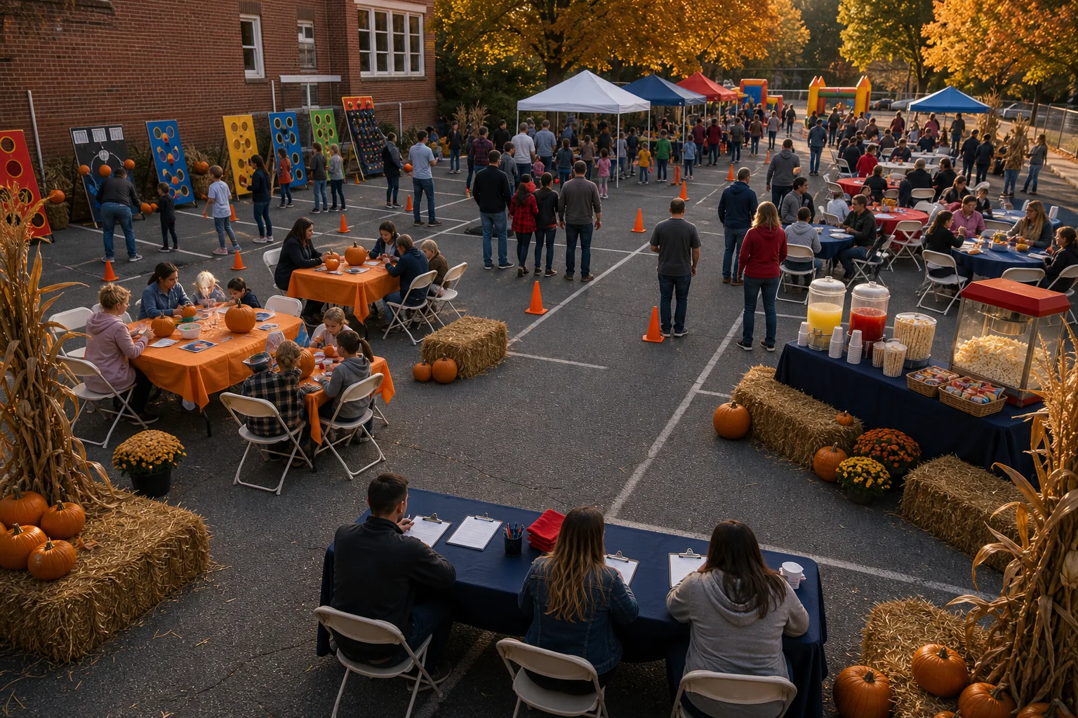 From a host’s point of view, fall festival layout with pumpkin painting, carnival games, snack table, seating, check-in, and walking paths