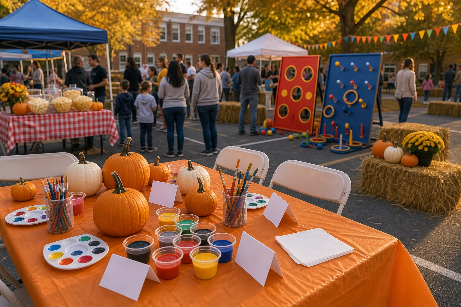 For event planning, fall festival feature with pumpkin painting supplies, simple carnival game, snack table, and autumn decorations