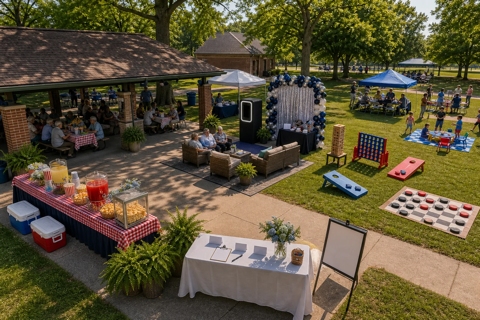 For event planning, family reunion layout with concession table, photo booth, picnic seating, lawn games, check-in, shaded rest area, and walking paths