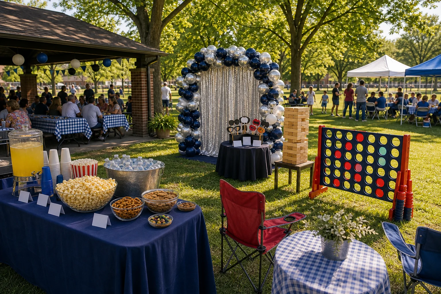 From a host’s point of view, family reunion feature with photo backdrop, giant lawn game, snack table, picnic seating, and blank photo props