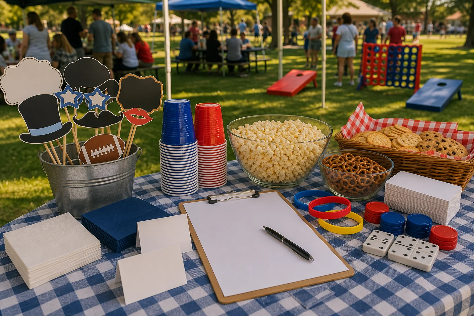 In practical terms, family reunion detail with blank family photo props, plain cups, picnic snacks, wristbands, blank name cards, clipboard, and game pieces