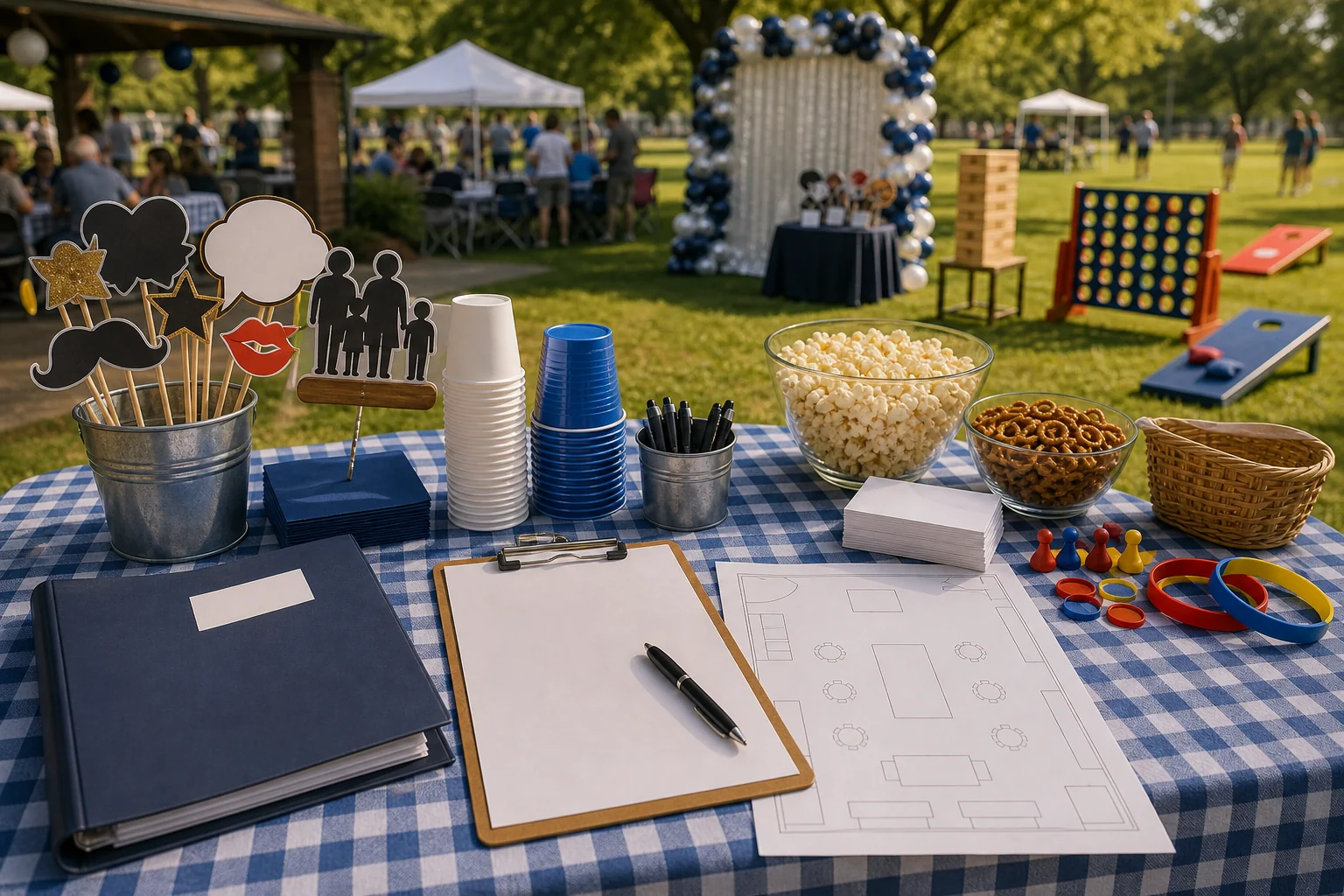 In practical terms, family reunion quote planning materials with blank checklist, picnic site sketch, photo props, snack cups, wristbands, and pen