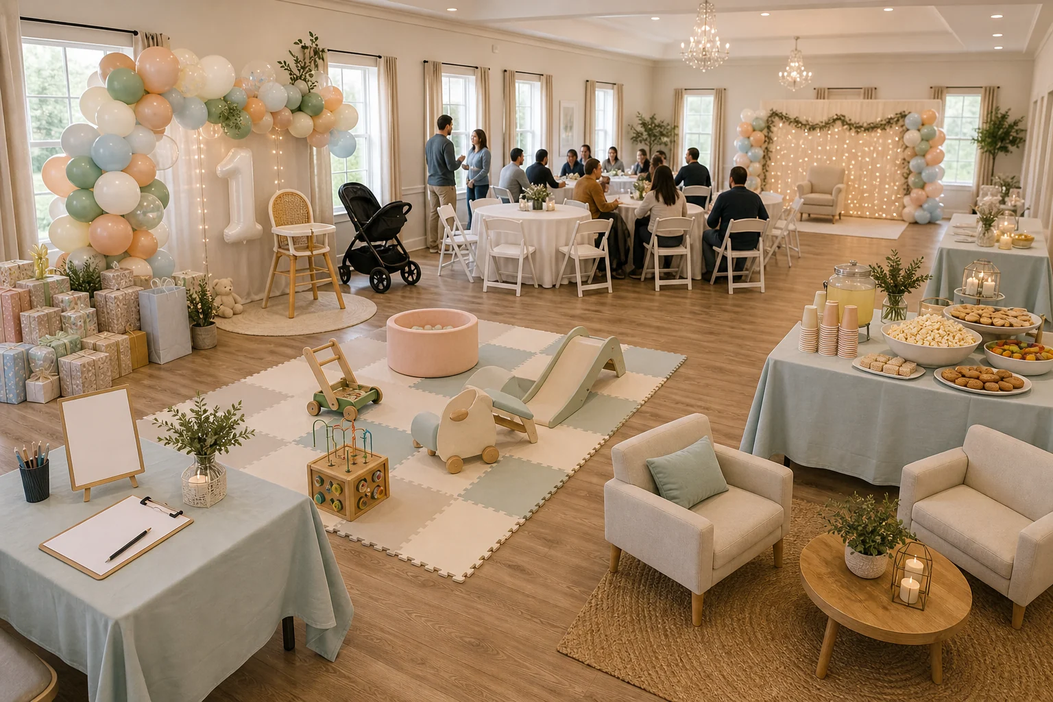 In practical terms, first birthday layout with gentle play area, photo backdrop, snack table, family seating, gift table, stroller space, and walking paths
