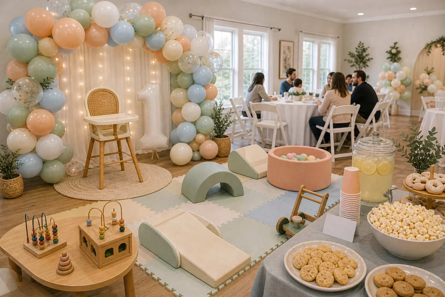 For event planning, first birthday feature with balloon photo backdrop, high chair photo setup, gentle activity area, snacks, and seating