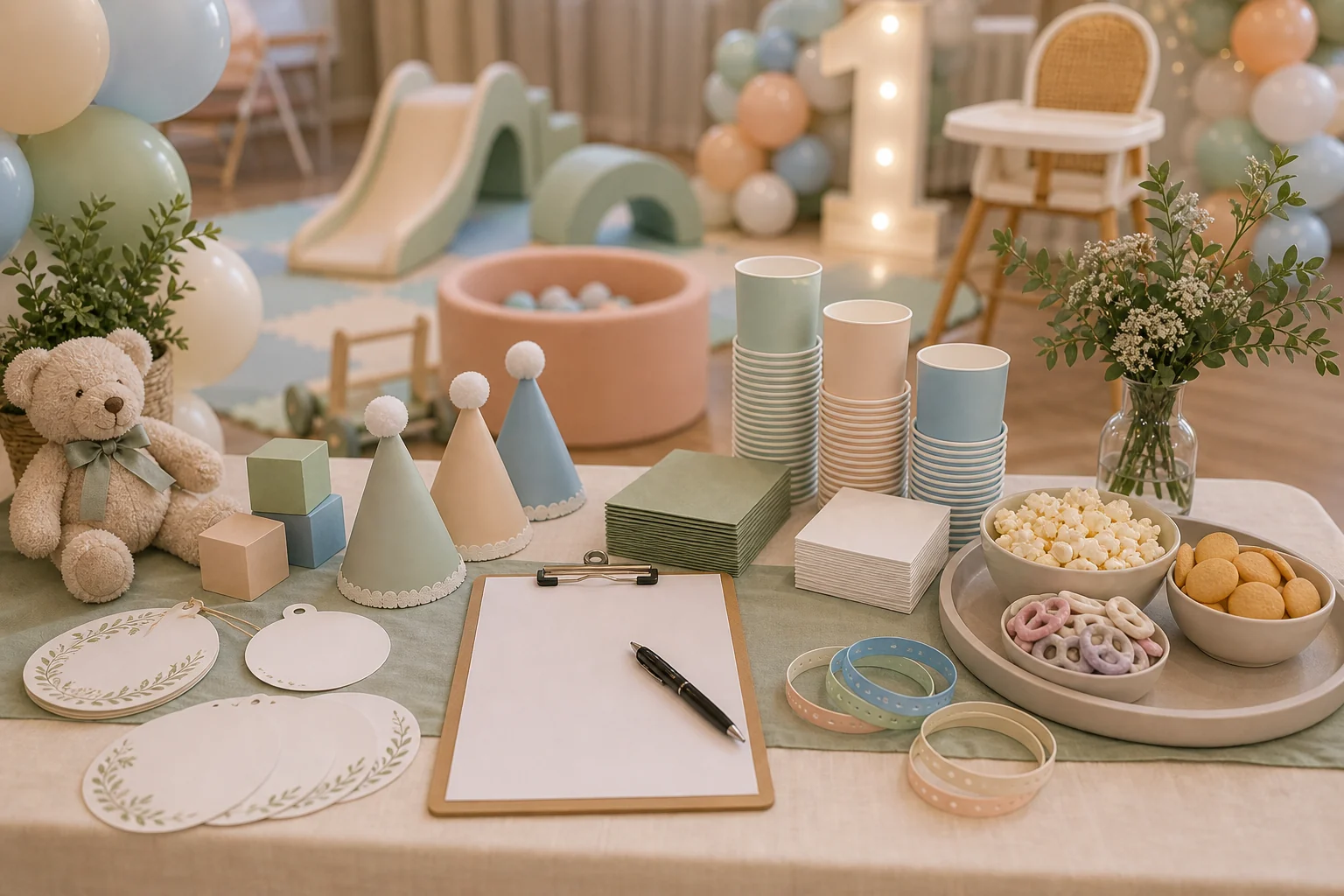 From a host’s point of view, first birthday detail with blank milestone cards, plain cups, soft play blocks, pastel balloons, snacks, blank clipboard, and pen