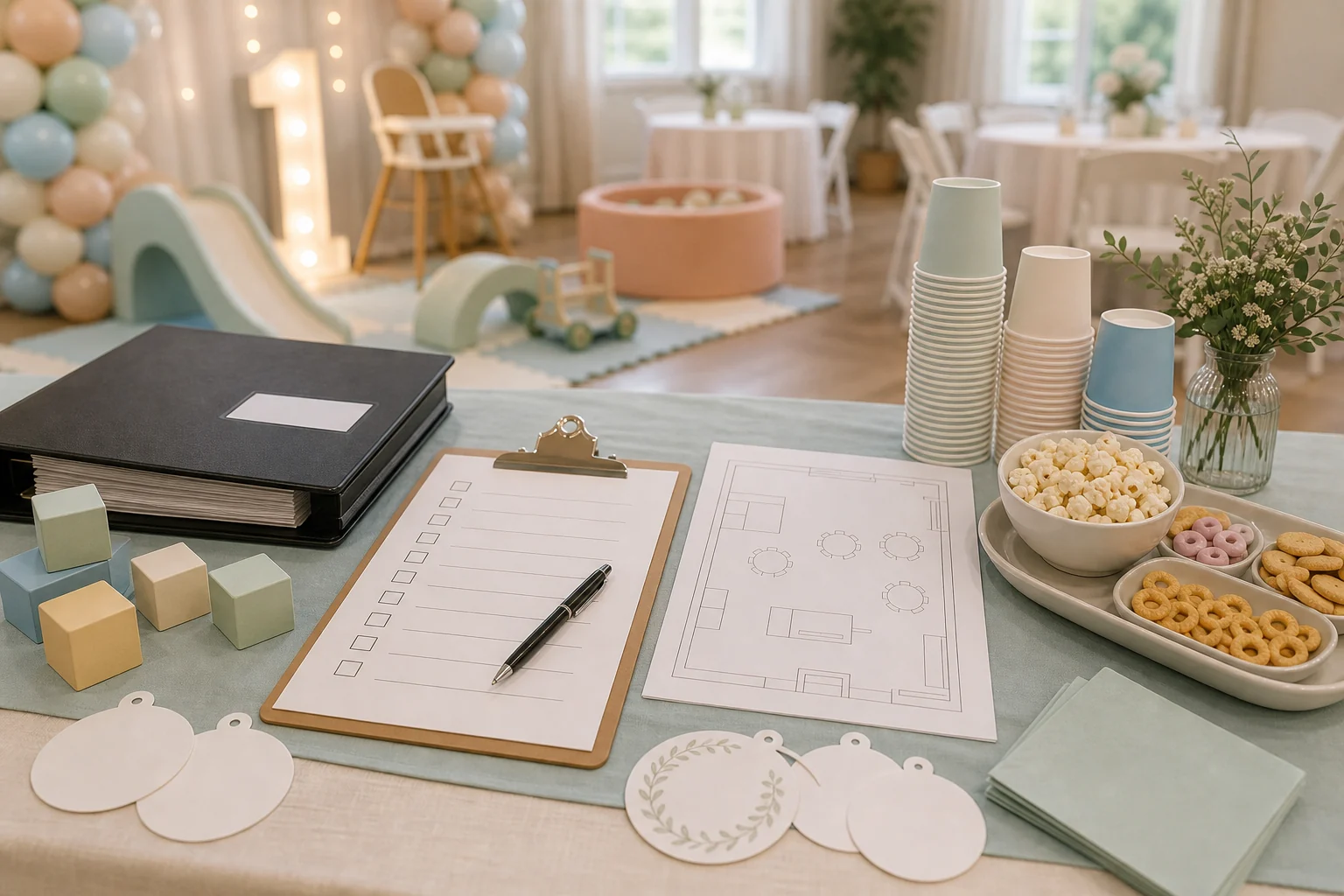 From a host’s point of view, first birthday quote planning materials with blank checklist, toddler-friendly room sketch, pastel balloons, snack cups, soft blocks, folder, and pen