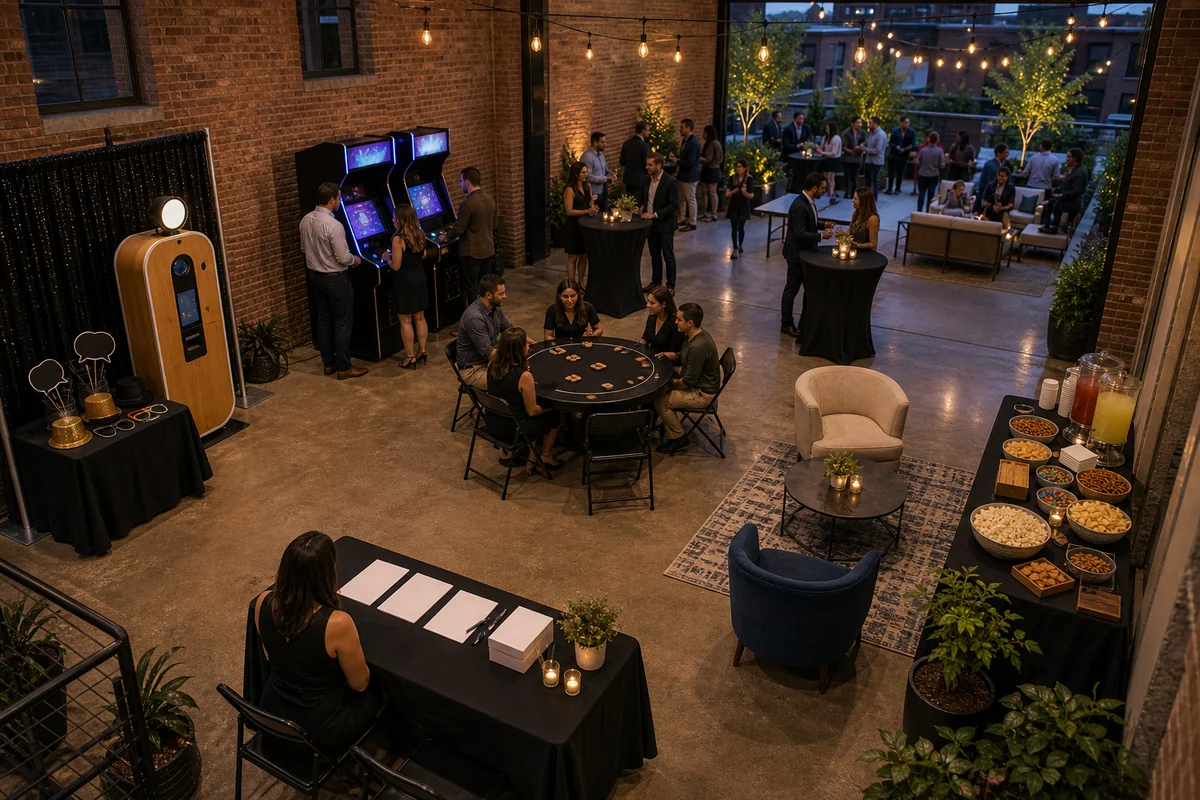 In practical terms, fishtown and Northern Liberties loft event layout with photo booth corner, arcade station, social game table, snack station, seating, check-in, and patio paths