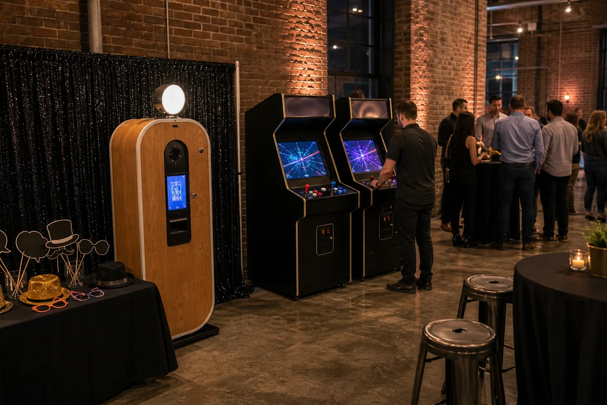 From a host’s point of view, fishtown and Northern Liberties event feature with photo booth, blank props, unbranded arcade station, cocktail seating, and industrial brick backdrop