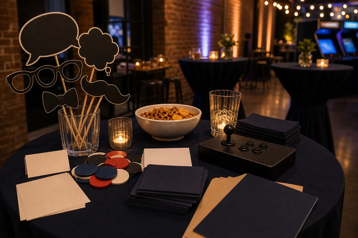 For event planning, fishtown and Northern Liberties event detail with blank photo booth props, unmarked tokens, unbranded game materials, snack bowl, and venue-access cards