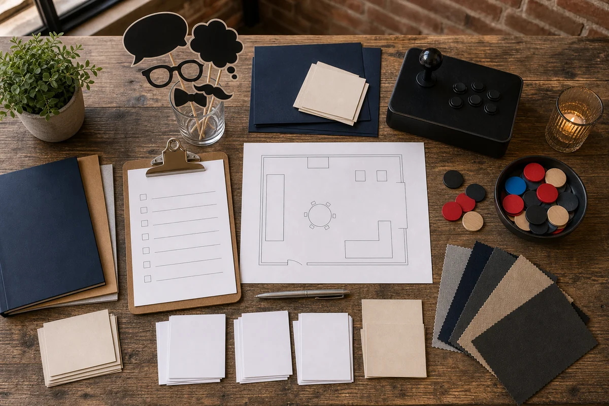 For event planning, fishtown and Northern Liberties quote planning materials with blank checklist, loft layout sketch, access cards, tokens, photo props, folders, and arcade controller prop