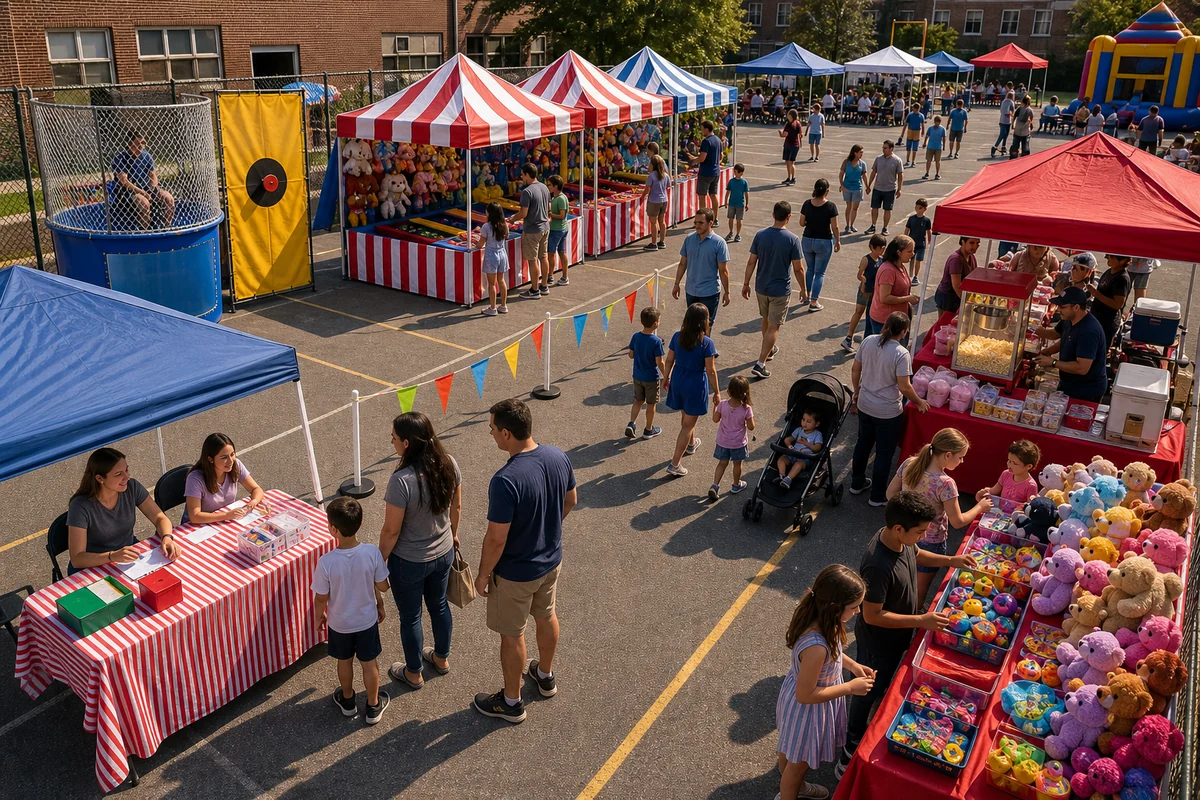 From a host’s point of view, fundraiser event layout with ticket table, carnival games, dunk tank, concessions, prizes, and walking lanes