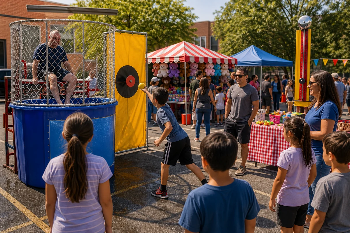For event planning, fundraiser dunk tank feature attraction with carnival games and prize booths nearby