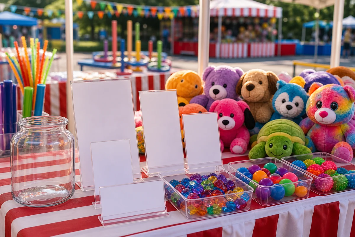 In practical terms, fundraiser prize table detail with blank sponsor display stands, plush prizes, tokens, and donation jar