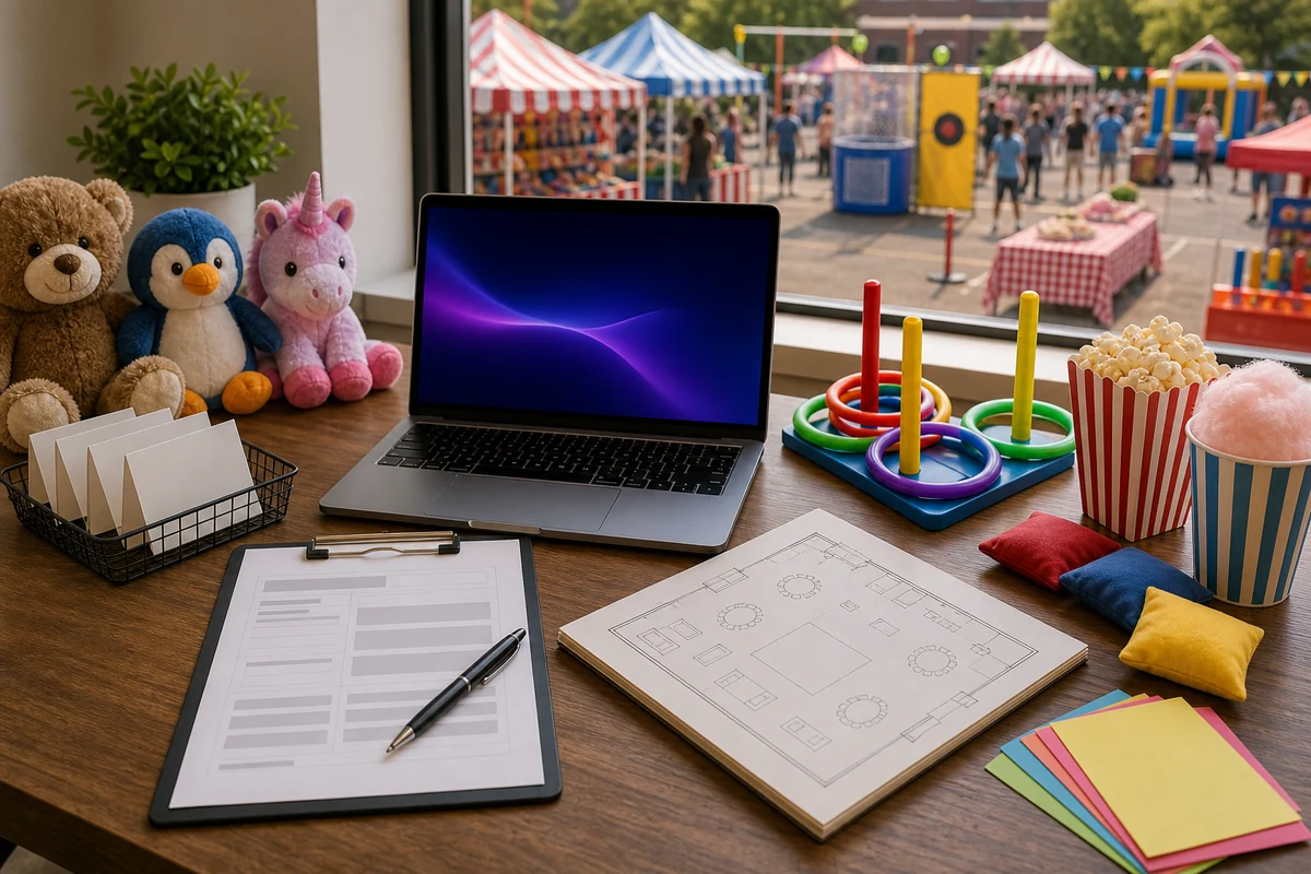 For event planning, fundraiser event rental quote checklist with carnival games, prizes, concessions, and layout planning materials