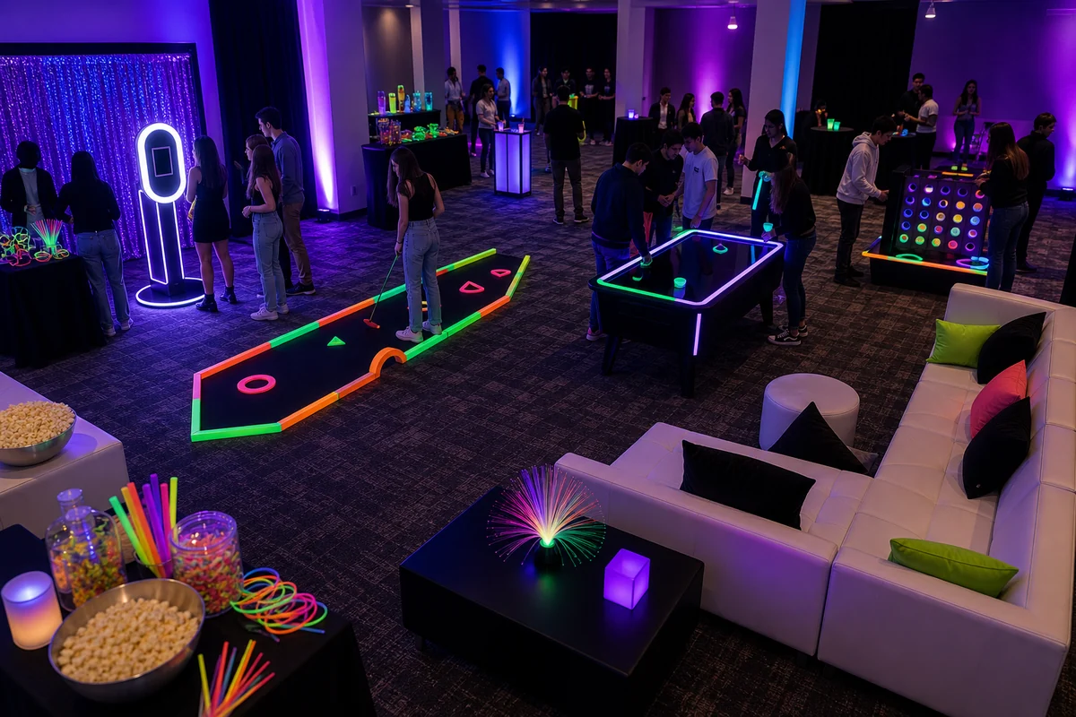 In practical terms, glow party layout with LED photo booth, black-light mini golf, glow games, lounge seating, snack area, and walking lanes