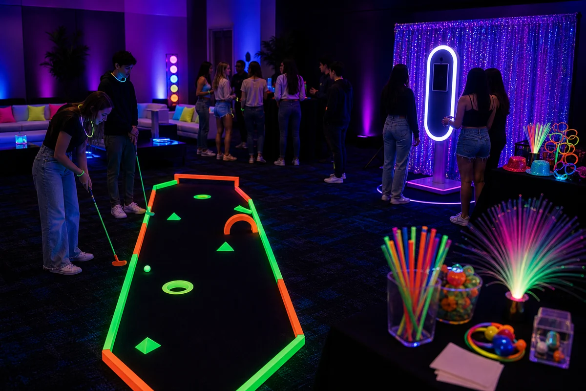 For event planning, glow party black-light mini golf and LED photo booth feature station with neon props and activity lighting