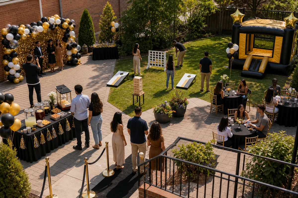 In practical terms, graduation party rental layout with photo booth, games, snack station, and seating