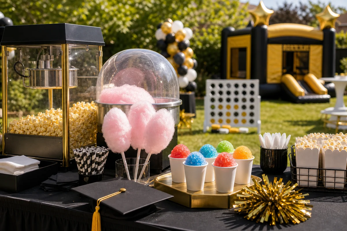 For event planning, graduation party concession station with popcorn, cotton candy, and snow cone supplies