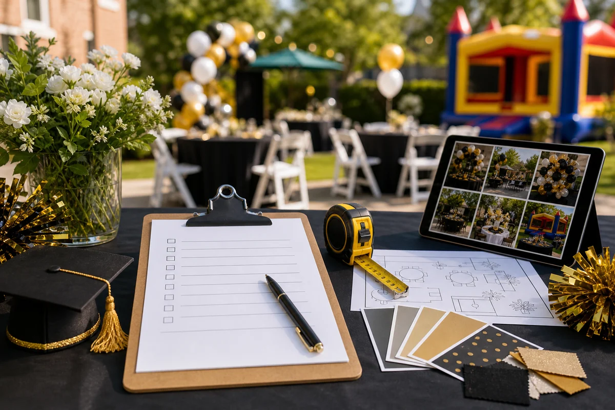 For event planning, graduation party rental quote checklist with layout planning materials