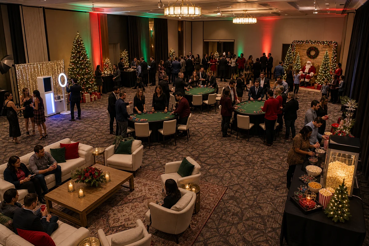 In practical terms, holiday party layout with lounge seating, photo booth, casino games, Santa photo corner, winter snacks, and guest walkways