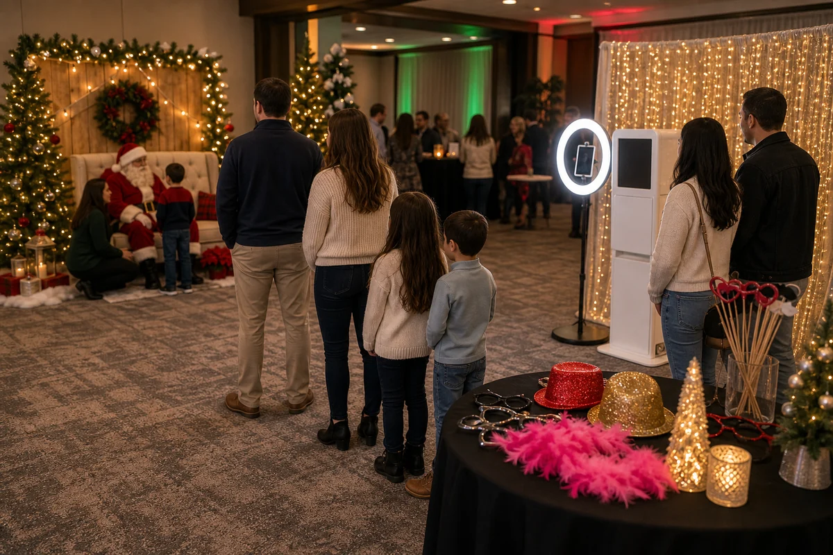 From a host’s point of view, holiday photo booth and Santa photo corner with unbranded booth, festive decor, and families queued from a distance