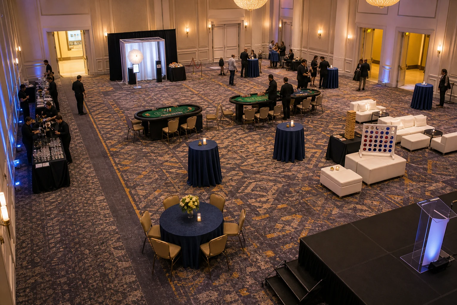 In practical terms, hotel ballroom layout with activity zones, casino tables, photo booth, seating, service paths, and hallway access
