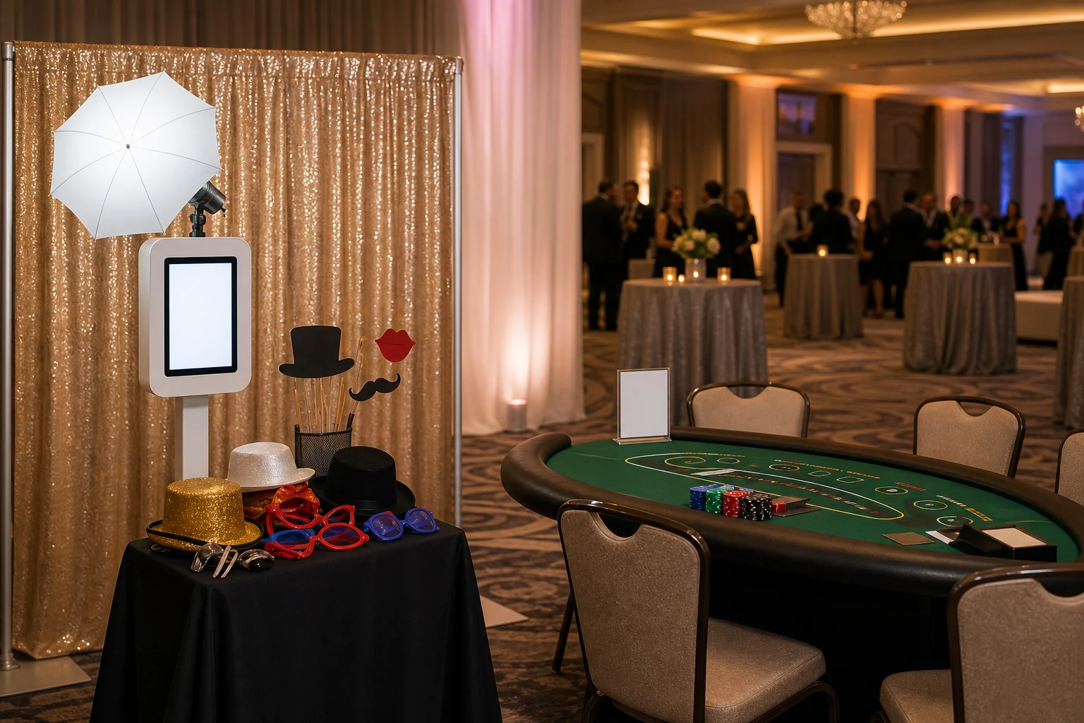 In practical terms, hotel ballroom feature with photo booth, casino table, props, and warm reception lighting