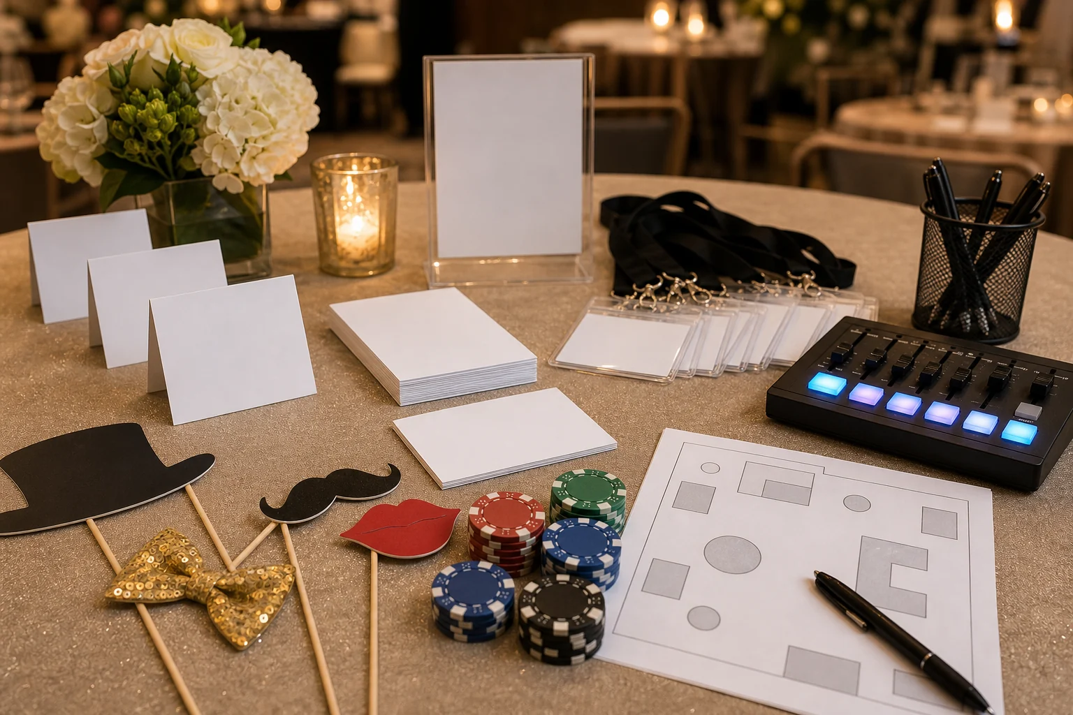 In practical terms, hotel ballroom event detail with blank cards, photo props, unmarked chips, lighting controller, and blank floor plan