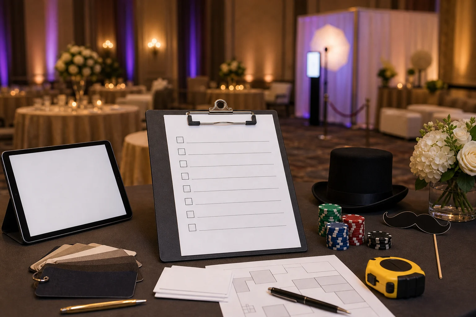 For event planning, hotel ballroom quote checklist with blank clipboard, tablet, floor plan, measuring tape, props, and unmarked casino chips