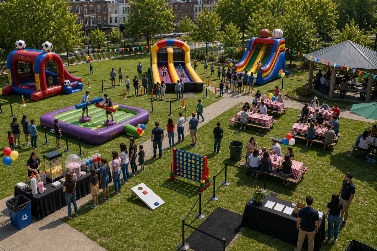 In practical terms, inflatable game rental layout with activity zones, queue lanes, and open walking paths